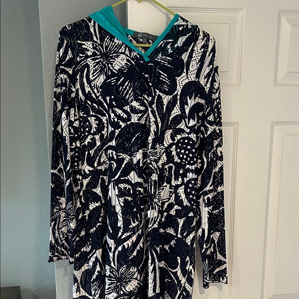 Navy and White Floral Hooded cover up